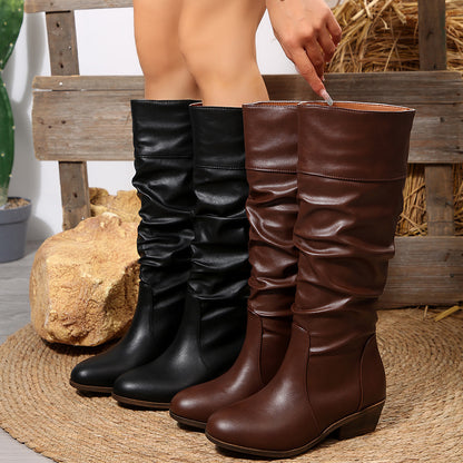 Foreign Trade Large Size Pleated High Leg Boot British Style Women