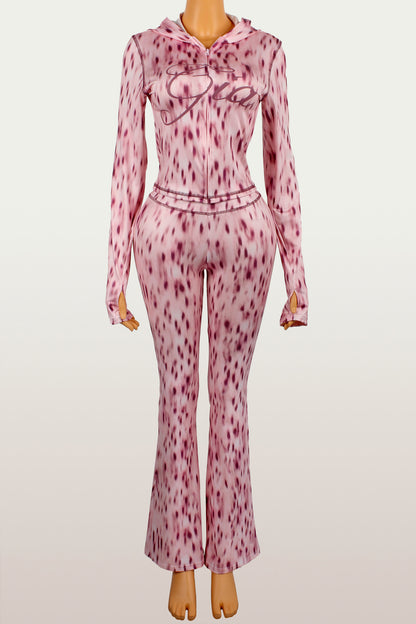 Fashionable Printed Casual Leopard-Print Zippered Long-Sleeve Jacket And Pants Set