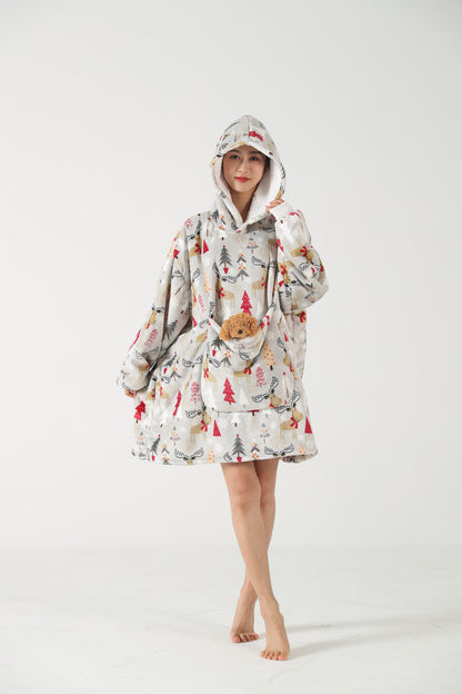 RONGTAI Oversized Wearable Pajamas With Big Pockets,Soft Plush Sweatshirt Hooded Popular Tops One Size Fits Deer
