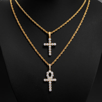 Hip-Hop-Kreuz-Anhänger aus Kupfer mit 4 mm Zirkonia, 14 Karat vergoldet