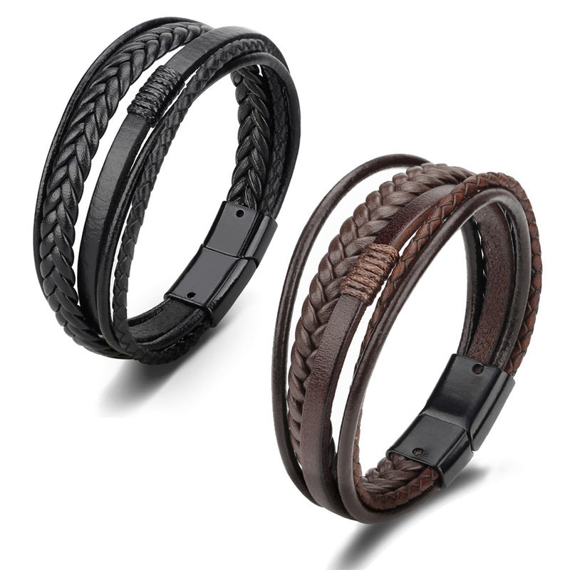 1pc Men's Hand-Woven Multi-Layer Leather Bracelet with Buckle Closure - Stylish Faux Leather Cuff, Durable & Versatile Accessory for Casual or Formal Wear
