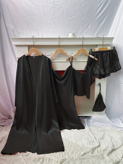 Women's Cherry Print Pajama Set - Elegant V-Neck Sleepwear with Suspender Shorts & Skirt