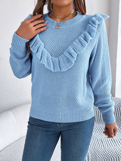 Women Elegant Solid Color Ruffled Long Sleeve Pullover Sweater