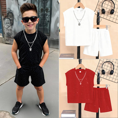 Summer Trendy Sleeveless Vest Boys' Outfit With Starry Sky And Sparkling Rhinestones