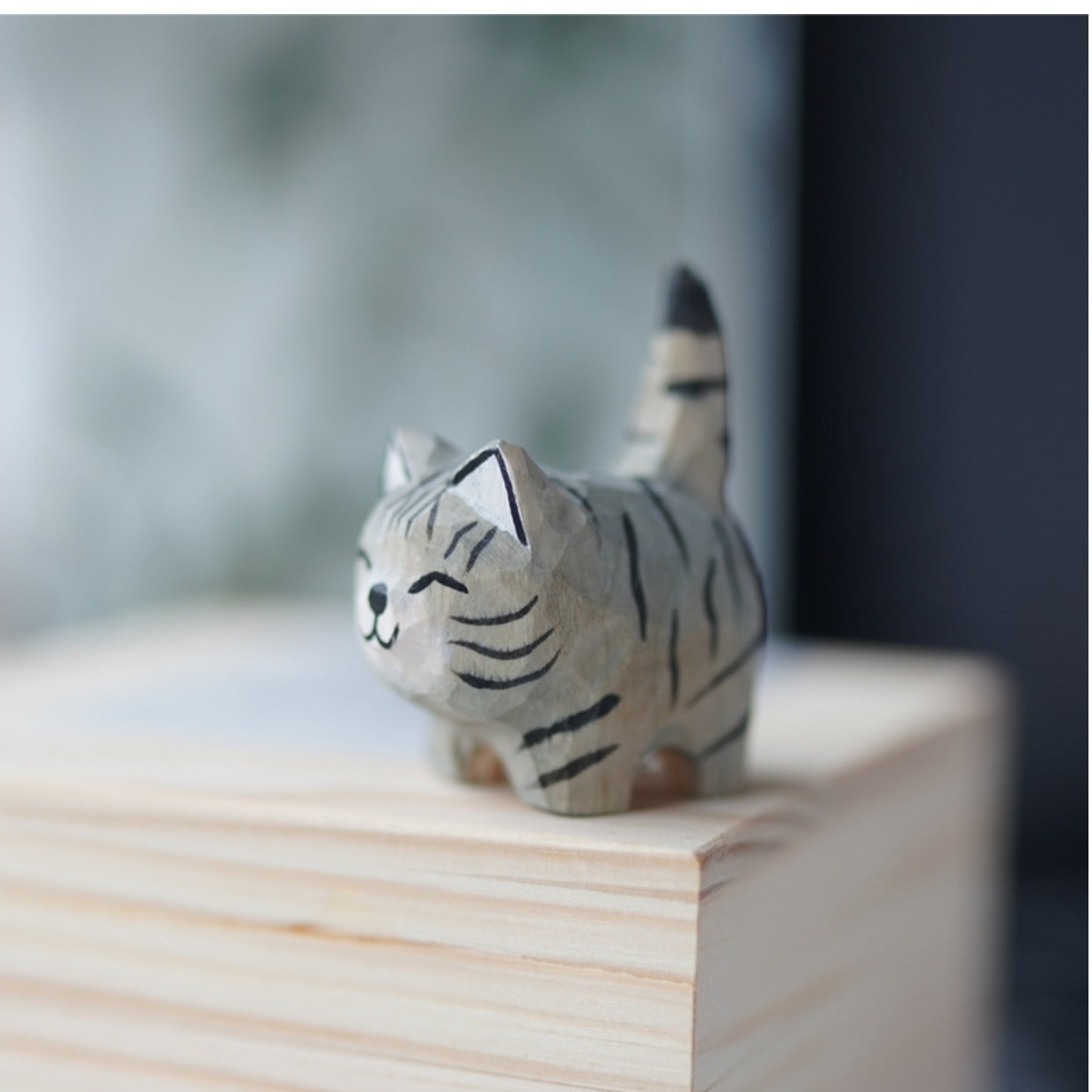 Handmade Wooden Cat Figurine - Artisan Carved Wood Cat Sculpture Home Decor Gift
