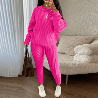Women's Winter Ribbed Knit Co-ord Set - Loose Pullover Sweater & Drawstring Pants