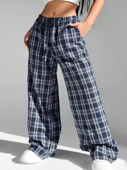 Women's Casual All-match Loose Drawstring Plaid Pocket Trousers