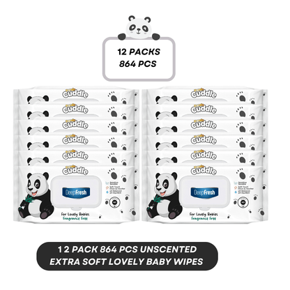 PANDA CUDDLE 72/864/1782pcs, Deep Fresh Extra Soft Unscented Baby Wipes, Alcohol-Free, pH Balanced, Hypoallergenic and Paraben-Free PACK OF 1/12 AND 24