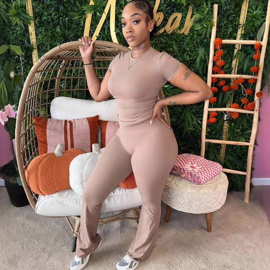 Fashionable Solid-Color Slim-Fit Stretchy Versatile Short-Sleeve Top And Pants Set