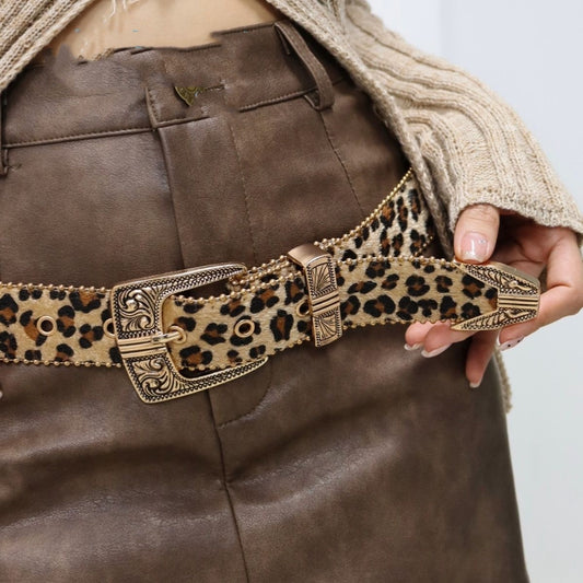 American Retro Leopard Print Metal Engraved Design Belt