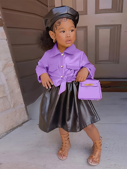 Vibrant Color Block PU Leather Dress for Girls - Stylish Button Lapel Design, Adjustable Belt, and Comfortable Fit for Kids' Everyday Wear