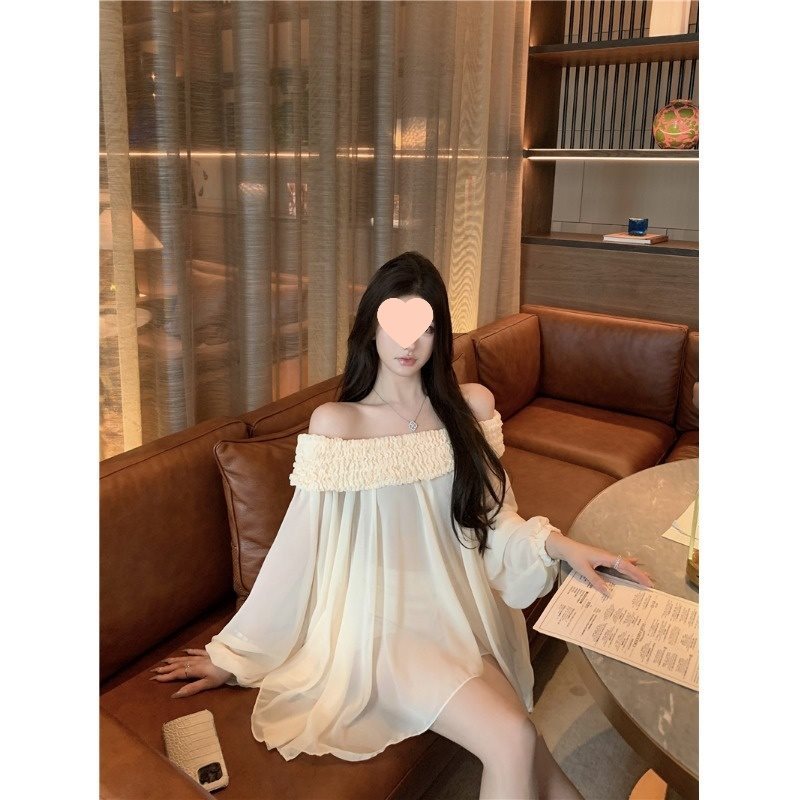 Off-shoulder Long Sleeve Chiffon Shirt Loose Mid-length Thin Top