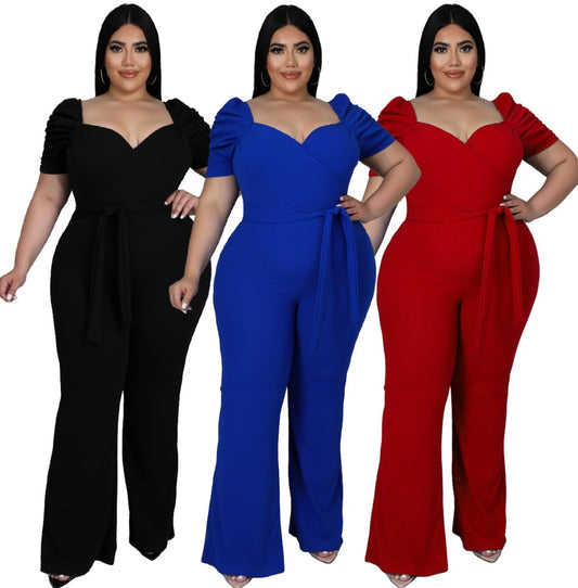 Women's Plus-Size Stand Collar Ruffle Sleeve High-Waist Jumpsuit Wide-Leg Pants