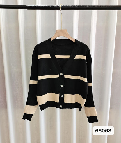 Fashion Striped Button Knitted Cardigan V-neck Women