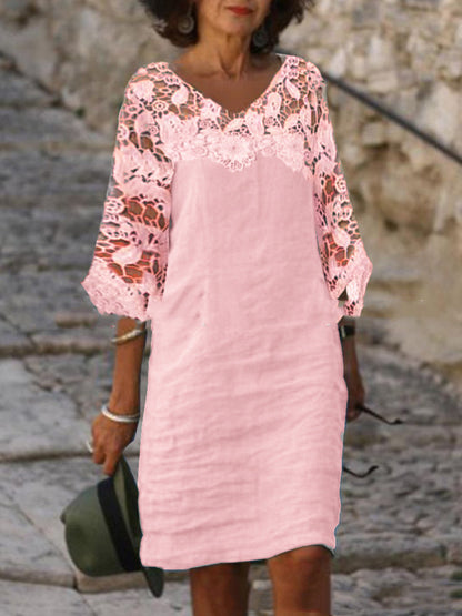 Casual Lace Stitching One-neck Cotton And Linen Dress