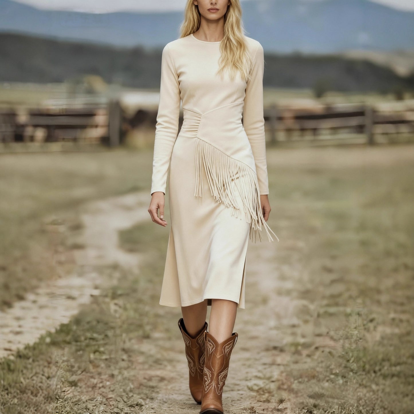Women's Retro Western Crew-Neck Long-Sleeve Fringed Suede Velvet Dress