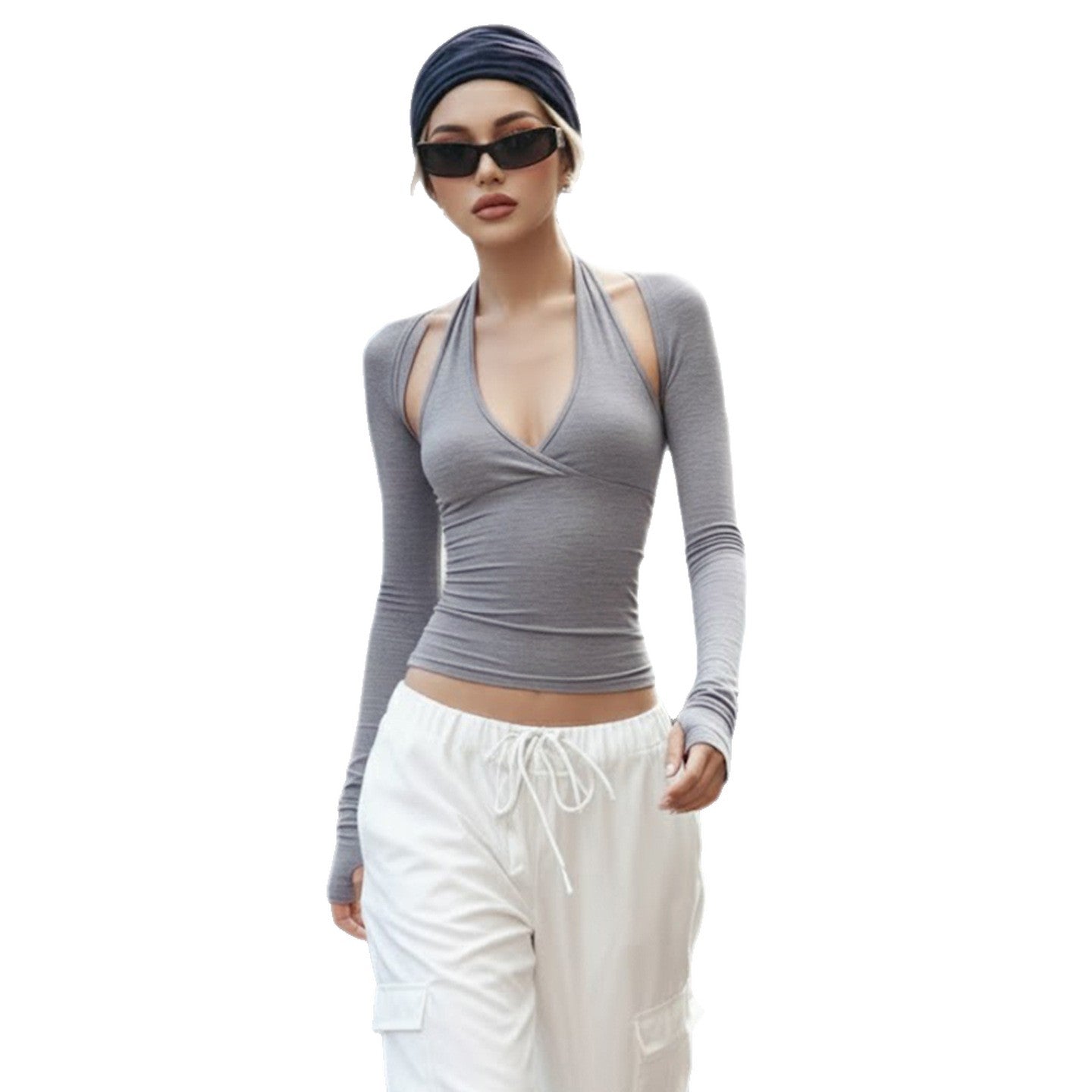 Women's Halterneck Waist-Cinching Camisole With Long Sleeves