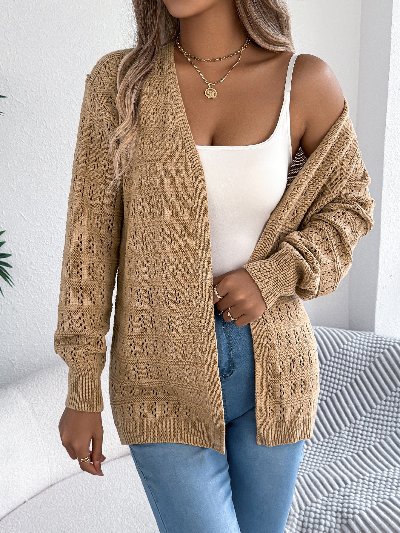 Women Solid Color Hollow Out Lantern Sleeve Long Sleeve Cardigan Sweater Coat