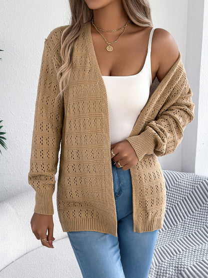 Women Solid Color Hollow Out Lantern Sleeve Long Sleeve Cardigan Sweater Coat