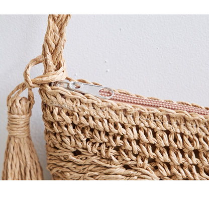 Women's Fashion Casual Handmade Straw Woven Shoulder Tassel Beach Bag