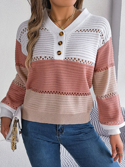 Women Casual Button V-Neck Hollow Out Color Block Lantern Sleeve Pullover Sweater