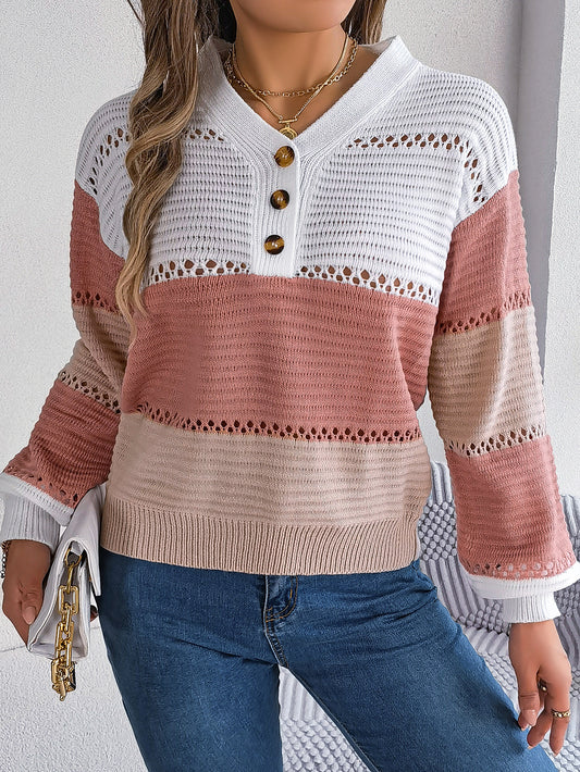 Women Casual Button V-Neck Hollow Out Color Block Lantern Sleeve Pullover Sweater