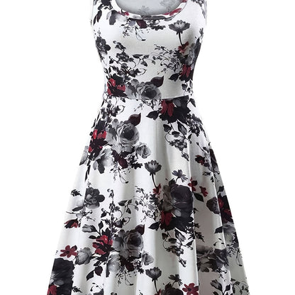Romantic Floral Print Sleeveless Beach Dress - Flattering Squared Neck, High Waist Ruffle Hem, Perfect for Fashionable Womens Summer Wardrobe