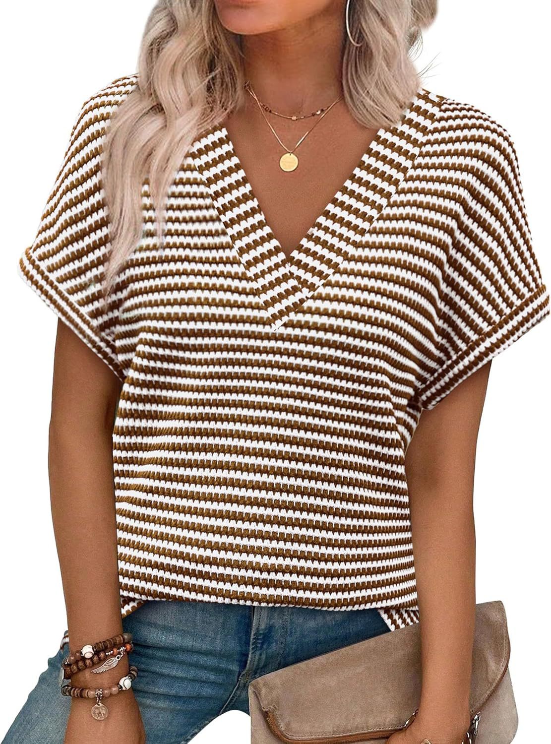 Casual Striped Textured Short-Sleeve Arrival V-Neck Knitted T-Shirt