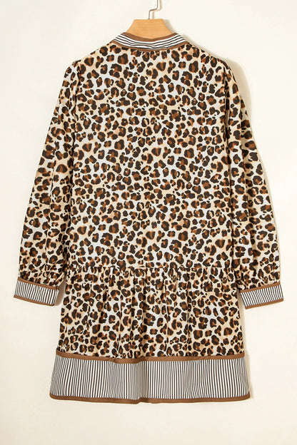 Women's Casual Loose V-neck Leopard-print Long-sleeve Dress