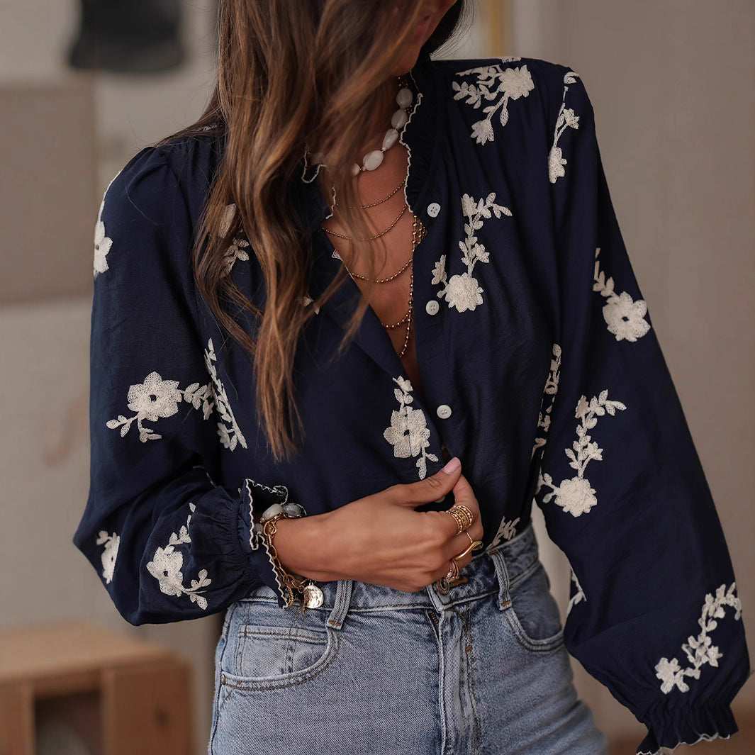 Women's Long-sleeved Western-style Chiffon Blouse With Embroidery