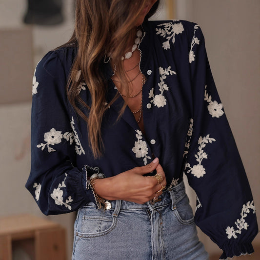 Women's Long-sleeved Western-style Chiffon Blouse With Embroidery
