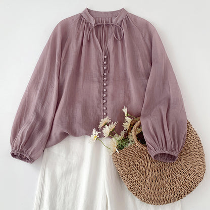 Women's Loose Cotton And Linen Single Row Button Tied Shirt
