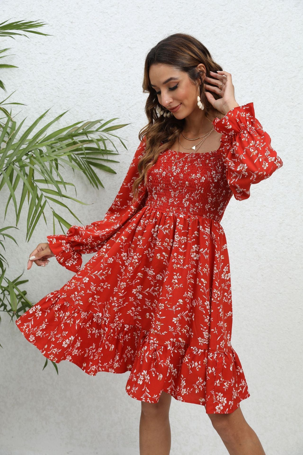 Spring And Summer Floral Long Sleeve Mid-length Dress