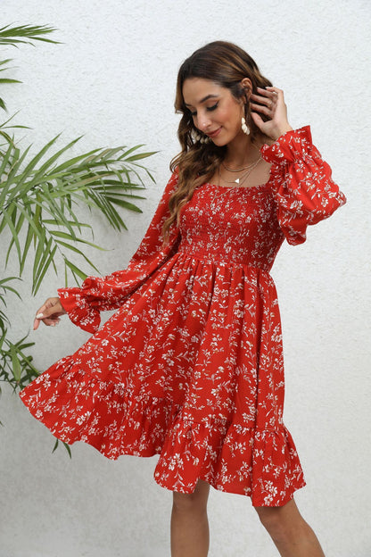 Spring And Summer Floral Long Sleeve Mid-length Dress