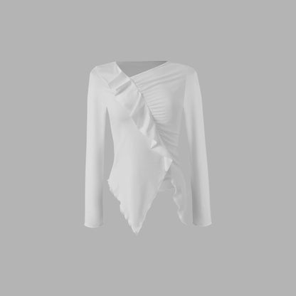 Pleated Ruffled Edge Square Neck Long Sleeve Base Shirt