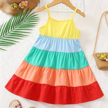 Girls' Spaghetti Strap Color-Blocked Rainbow Cake Dress - Perfect for Outdoor Occasions.