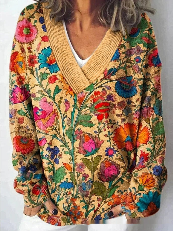 Floral Pattern Printed V-neck Long Sleeve Casual Sweatshirt