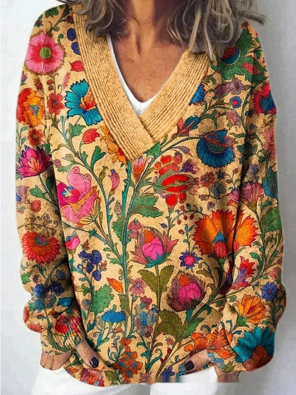 Floral Pattern Printed V-neck Long Sleeve Casual Sweatshirt