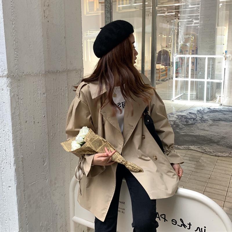 New Lantern Sleeve Loose Black Windbreaker Women's Wild Mid-length Coat