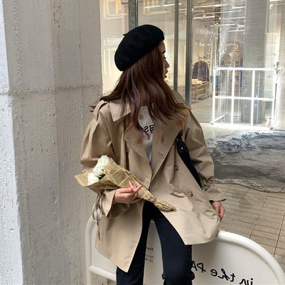 New Lantern Sleeve Loose Black Windbreaker Women's Wild Mid-length Coat