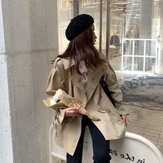 New Lantern Sleeve Loose Black Windbreaker Women's Wild Mid-length Coat