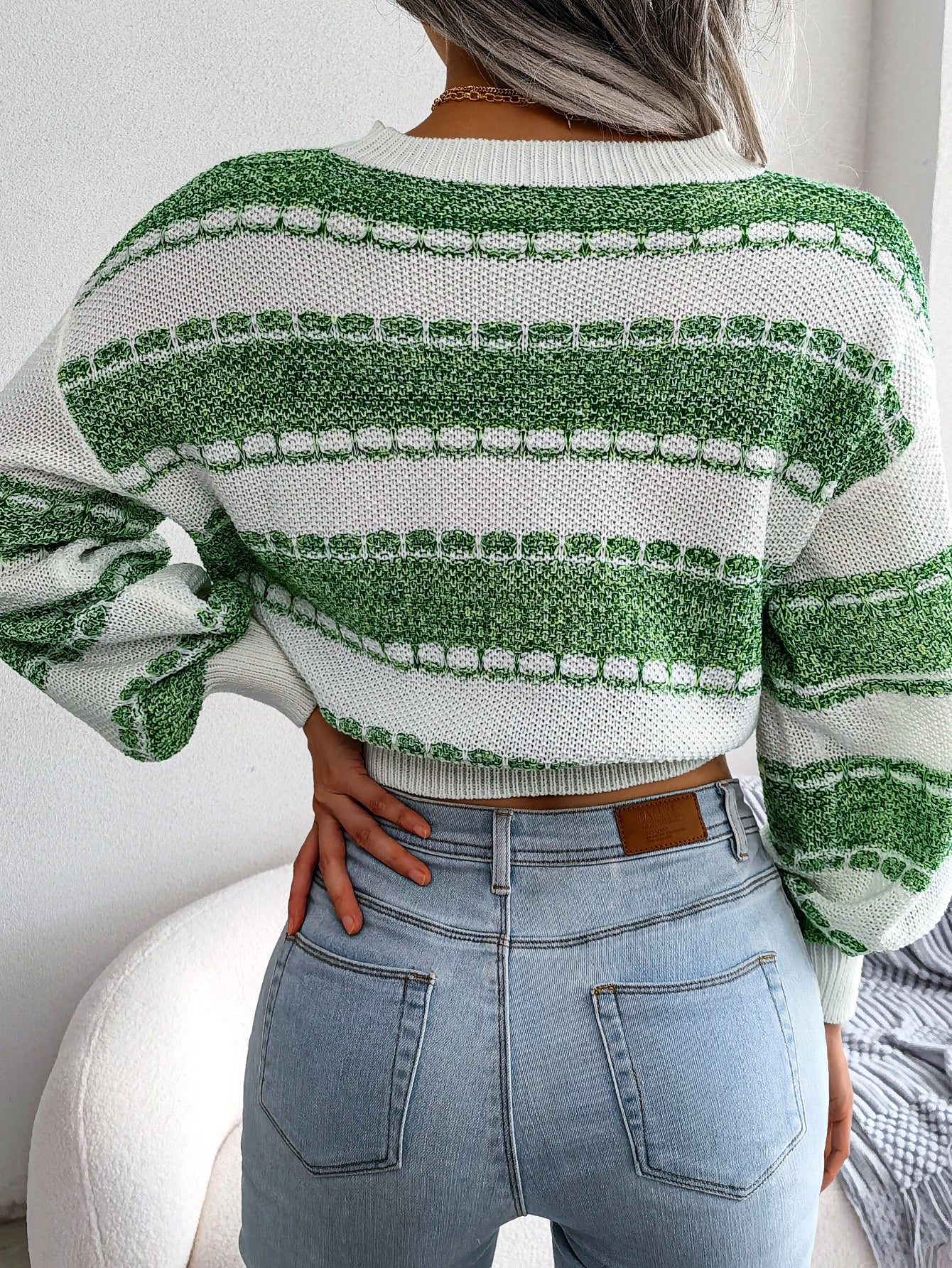 Women Fashion Color Block Long Sleeve Knit Sweater