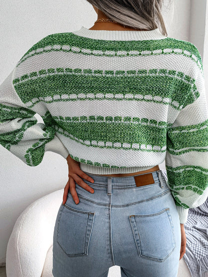 Women Fashion Color Block Long Sleeve Knit Sweater