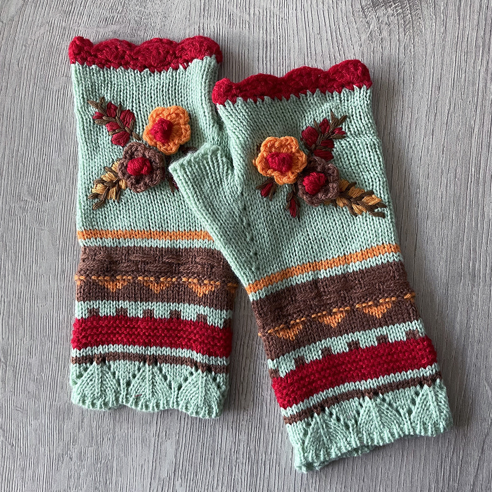 Handmade Crochet Fingerless Gloves - Vintage Embroidered Arm Warmers for Women
