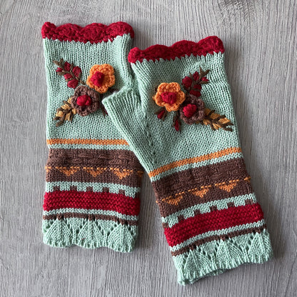 Handmade Crochet Fingerless Gloves - Vintage Embroidered Arm Warmers for Women
