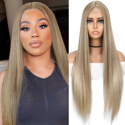 Elegant 26-Inch Black to Blonde Gradient Lace Front Wig - Long Straight Synthetic Hair with Natural Look, Heat Resistant, Ideal for Daily Wear & Cosplay