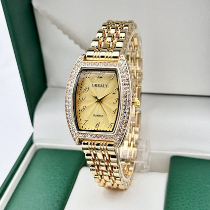 Diamond-encrusted Watch Barrel-shaped Dial Metal Bracelet Quartz Ladies' Watch