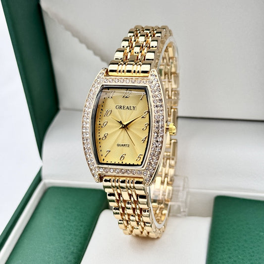 Diamond-encrusted Watch Barrel-shaped Dial Metal Bracelet Quartz Ladies' Watch