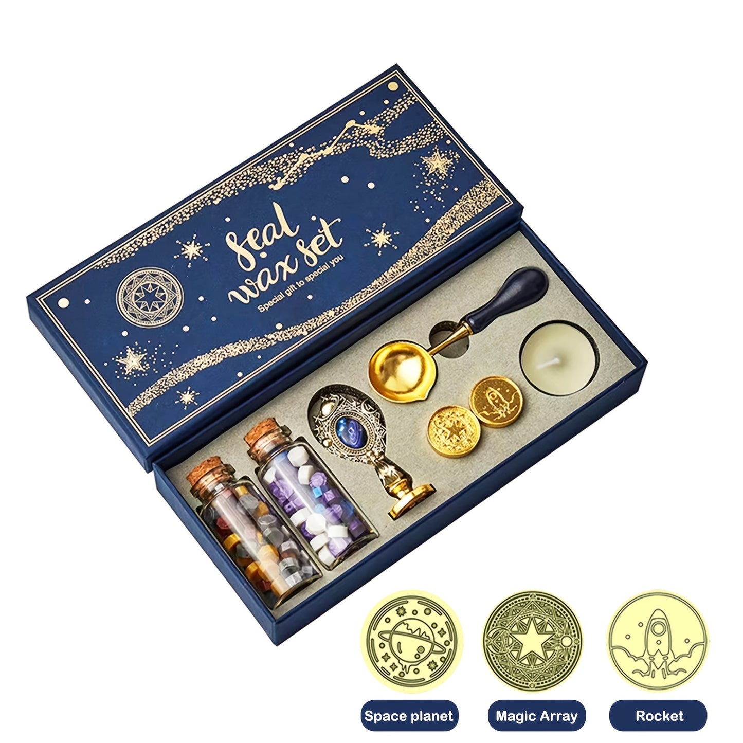Wax Seal Stamp Kit with Gift Box, with Wax Seal Beads, 3 Wax Seal Stamp, Wax Seal Metallic Pen and Envelope, Wax Seal Kit for Gift and Decoration