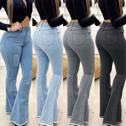High Waist Bootcut Jeans for Women - Elastic Tassel Denim Trousers
